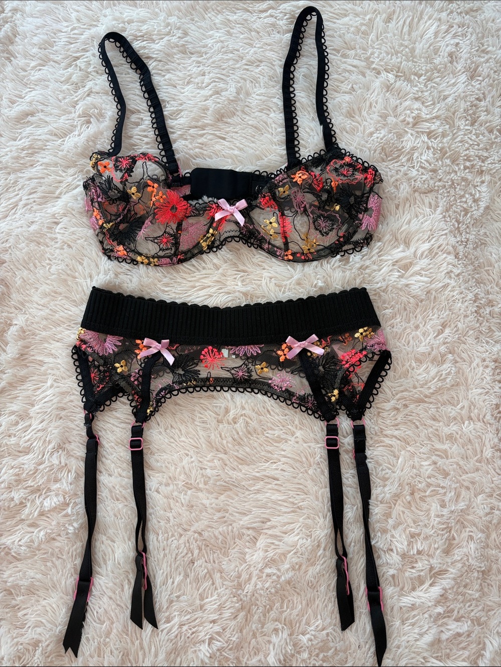 For love & lemons black Sheer Floral Embroidered Bra & Garter Set